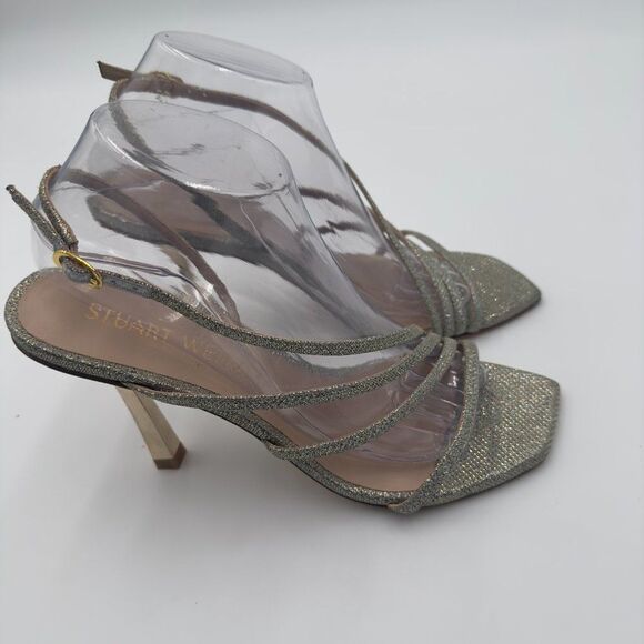 New Stuart Weitzman Melody Gold/Silver Strappy Heels. Sparkling Fabric Size 9.5 - Picture 4 of 10